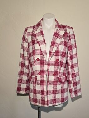 Liz Claiborne Red and White Check Double-Breasted Blazer